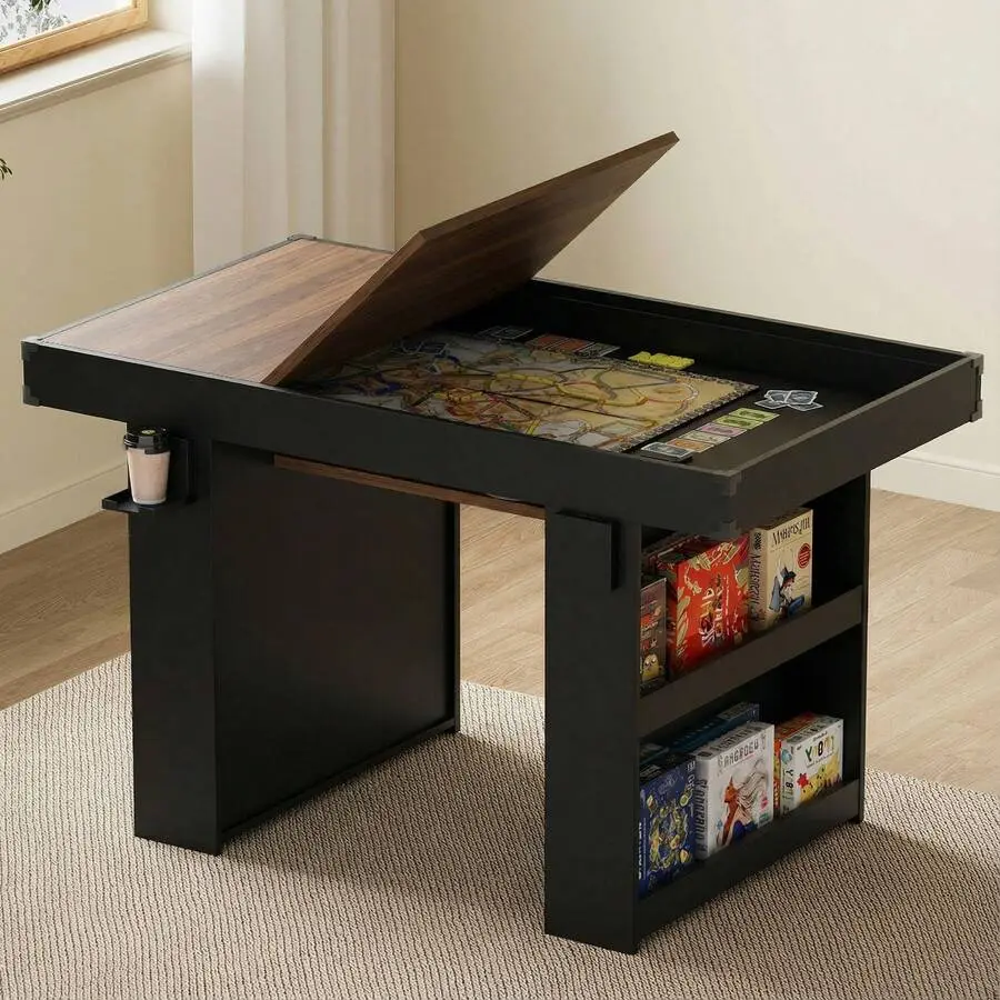 Modern Rectangular 4-6 Player Multi-Functional Board Game & Dining Table - MDF Frame, Removable Top, PU Leather Surface, Cup Holders, Corner Protectors, Indoor Furniture for Game Night, Poker Cards, Building Blocks