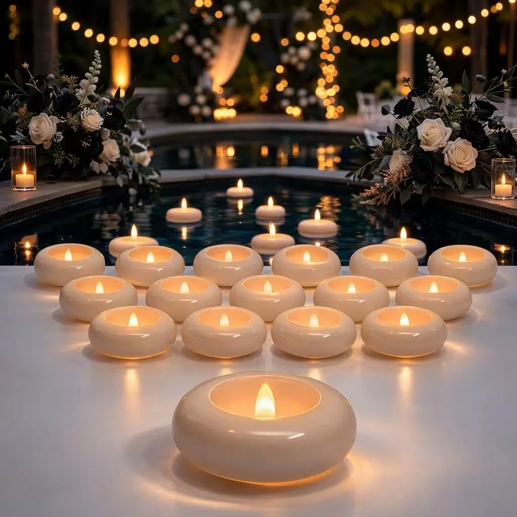 24pcs Flameless Candles Waterproof, 200Hr 3”LED Tea Lights with Battery, Water-Activated Candles for Pool, Wedding Centerpieces, Bath & Spa, Home Decoration (Elegant White)