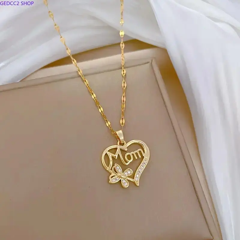 Female Elegant Butterfly-Motif Stainless Steel Pendant Necklace with Cubic Zirconia Heart-Link Chain, Daily Wear Camping-Hiking Hammock Accessory, Birthday Gift