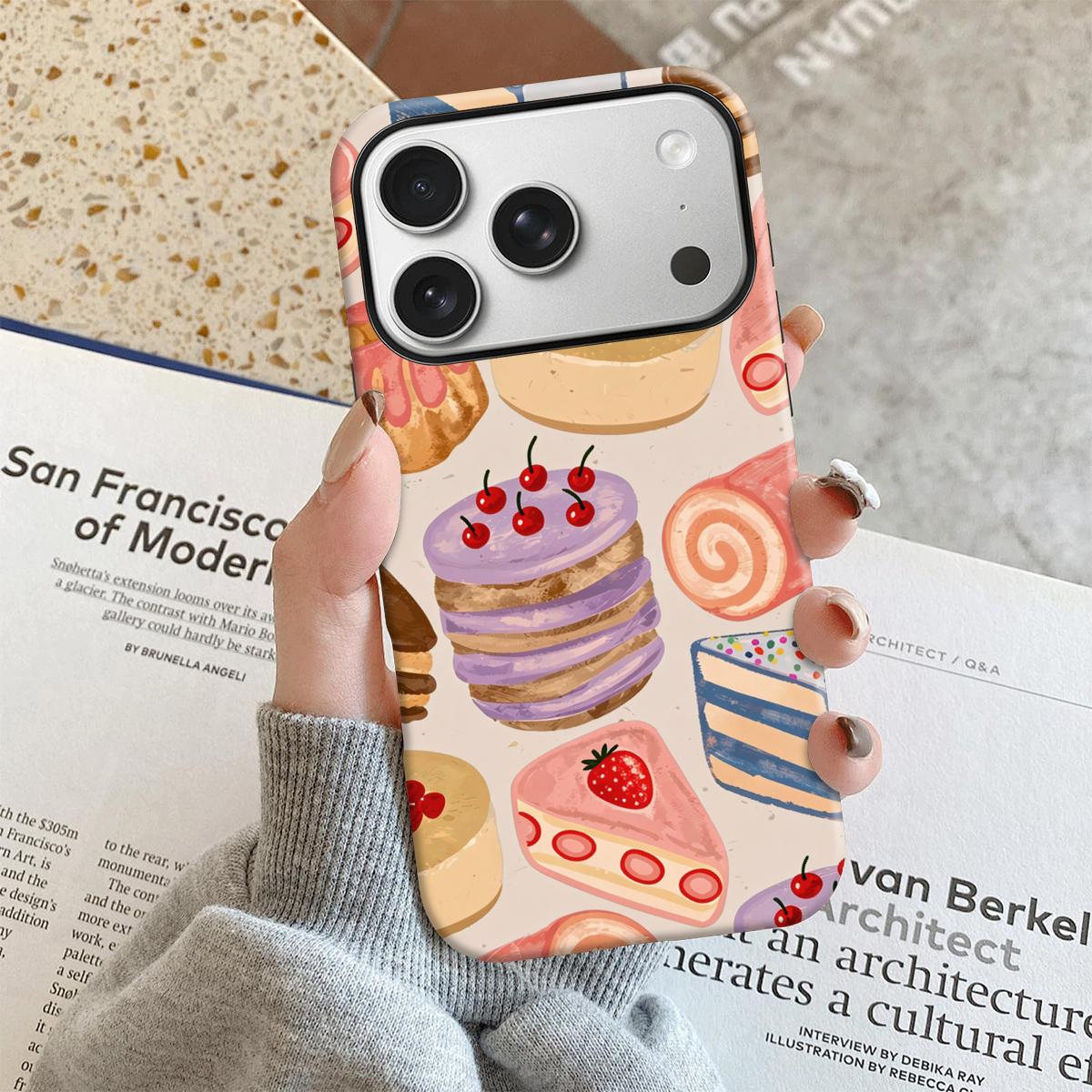 Hand-drawn Cake Pattern Design Cute Phone Case 2 in 1 Case for iPhone 17 Pro Max/16 Pro Max /15Pro Max 15/14/13/12 & Samsung S26 /S25Ultra Trendy ins Style