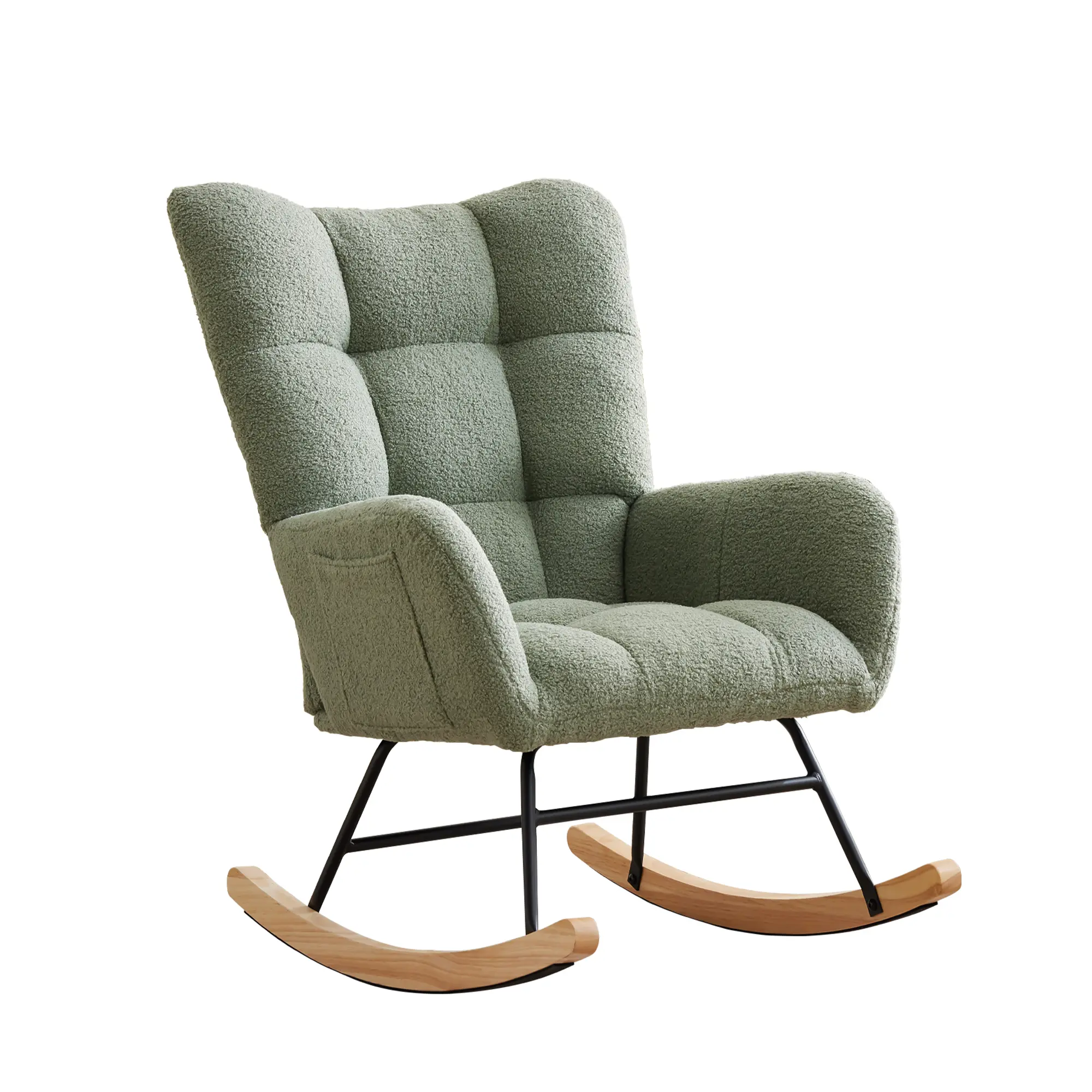 Rocking Chair, Teddy Upholstered Glider Rocker with High Backrest, Reading Chair Modern Rocking Accent Chairs with Side Pockets for Living Room, Nursery, Bedroom