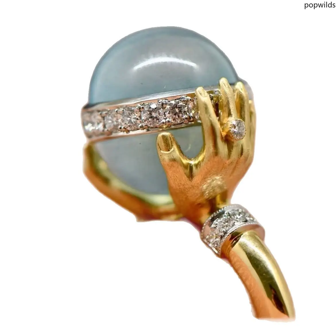 Vintage Gold Plated Ring For Women, Unique Hand Sculpture Setting With Luminous Stone, Glow In Dark Retro Statement Finger Jewelry Daily Party Matching Gift