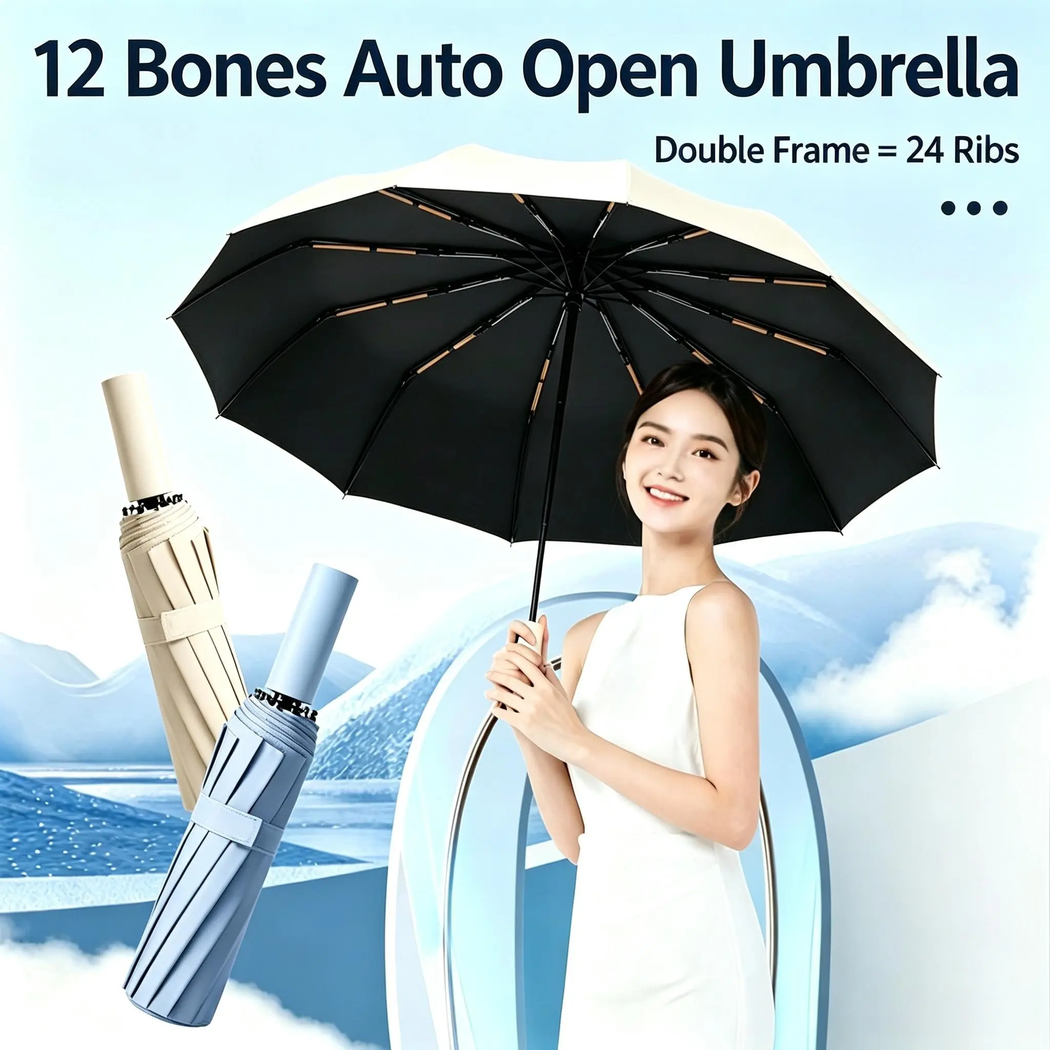 12 Bone Anti Storm Fully Automatic Umbrella, Double Dragon Bone Reinforcement, Rain and Sun Protection, Durable Design, 1 Piece
