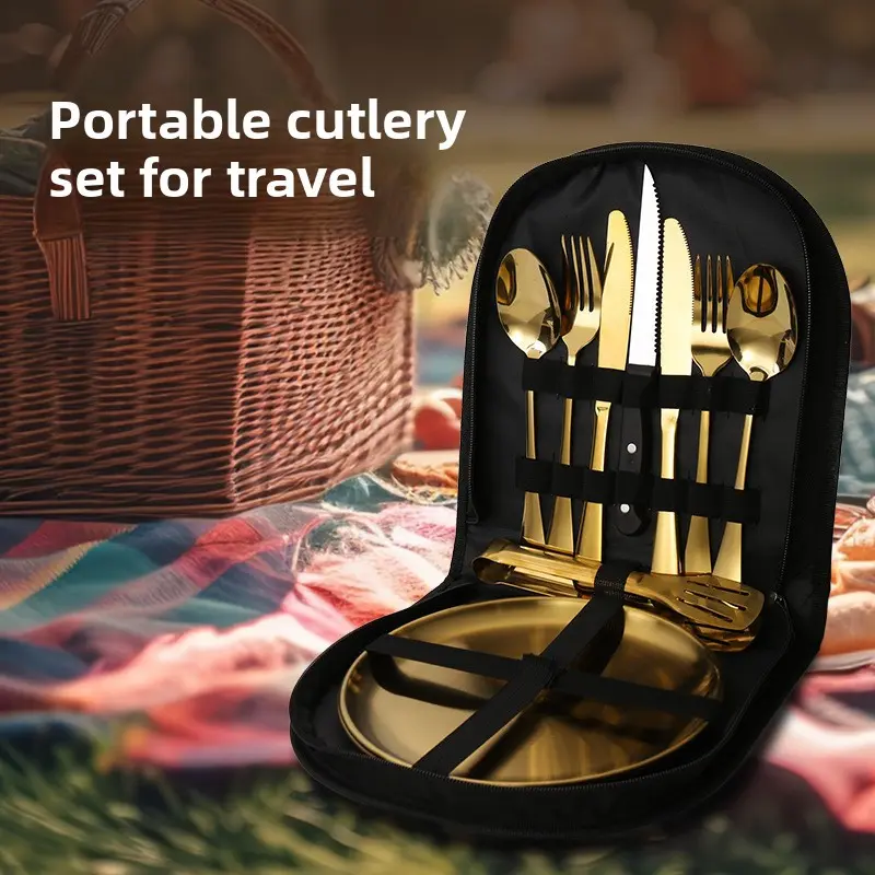 Stainless steel outdoor camping picnic cutlery set - knife, fork, spoon, plate, food tongs - portable set with storage bag