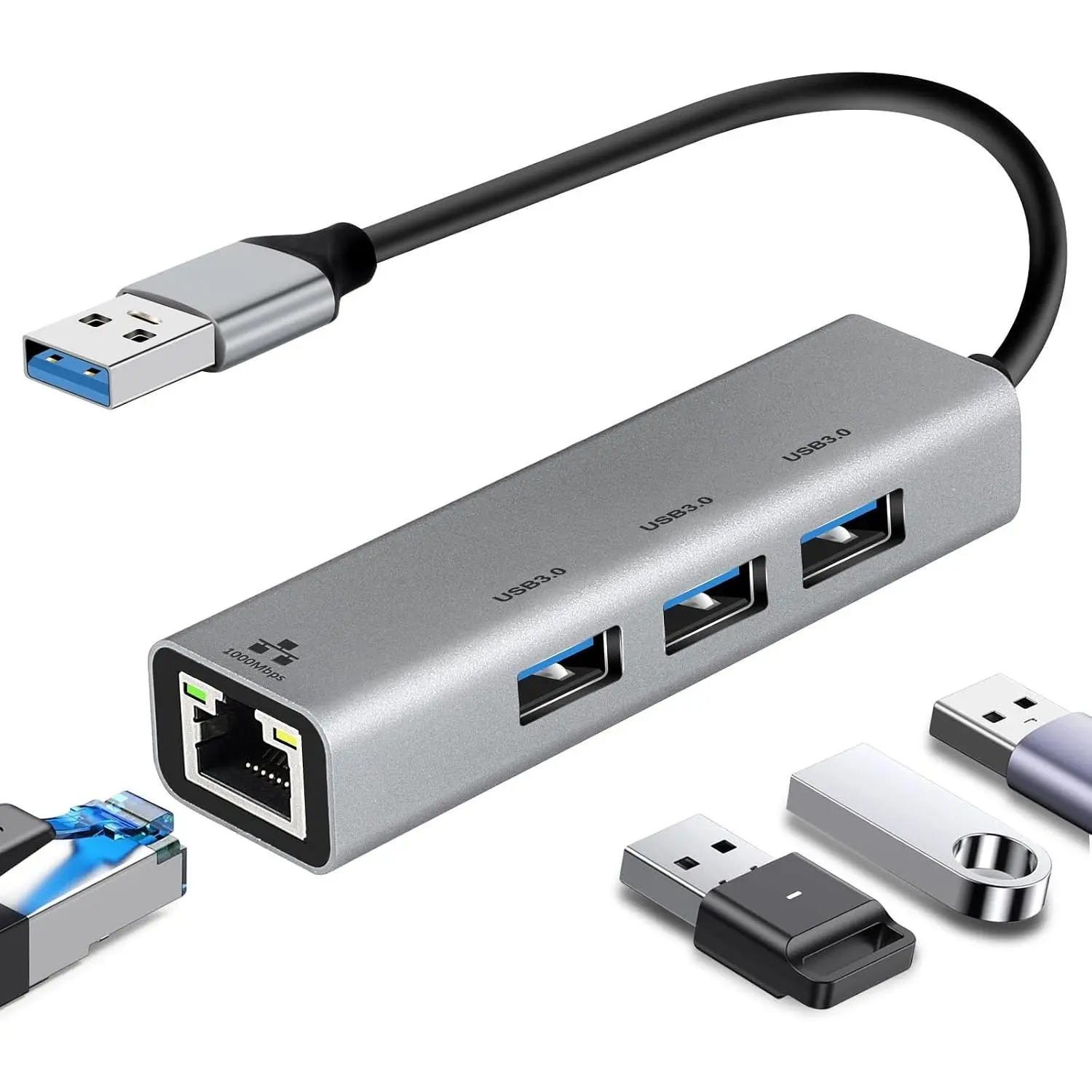 USB ethernet Adapter, USB 3.0 hub with rj45,4-in-1 3.0 Hub with Gigabit Ethernet Adapter, Gigabit Ethernet to USB Adapter for Laptop,PC, MacBook Pro, iPad Pro,and  Type A Laptops