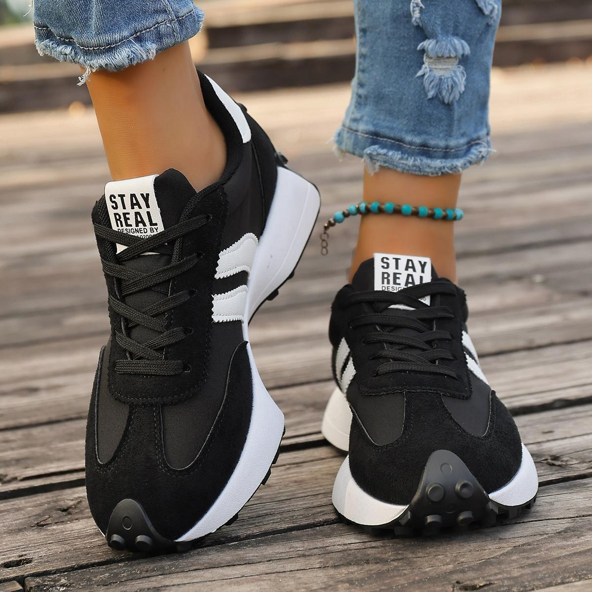 Women's Retro 70s Inspired Chunky Platform Sneakers, Suede & Nylon Upper, Striped Detail, Casual Dad Shoes for American Fashion Lovers
