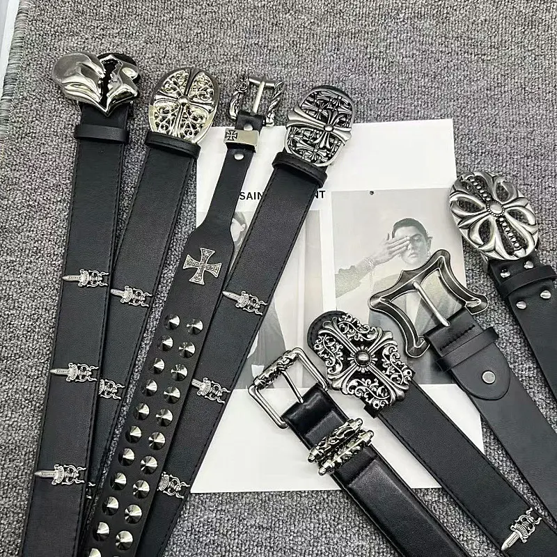 Vine Carved Cross Belt Couple Style, Gothic Punk Rivet Black Leather Waist Belt, Dark Street Decorative Jean Belt For Men Women
