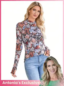 Women's Sexy Ditsy Floral Lace Top, Slim-Fit Transparent Mesh Layered Blouse, Fashionable Spring & Fall Wear, All-Season Clothing