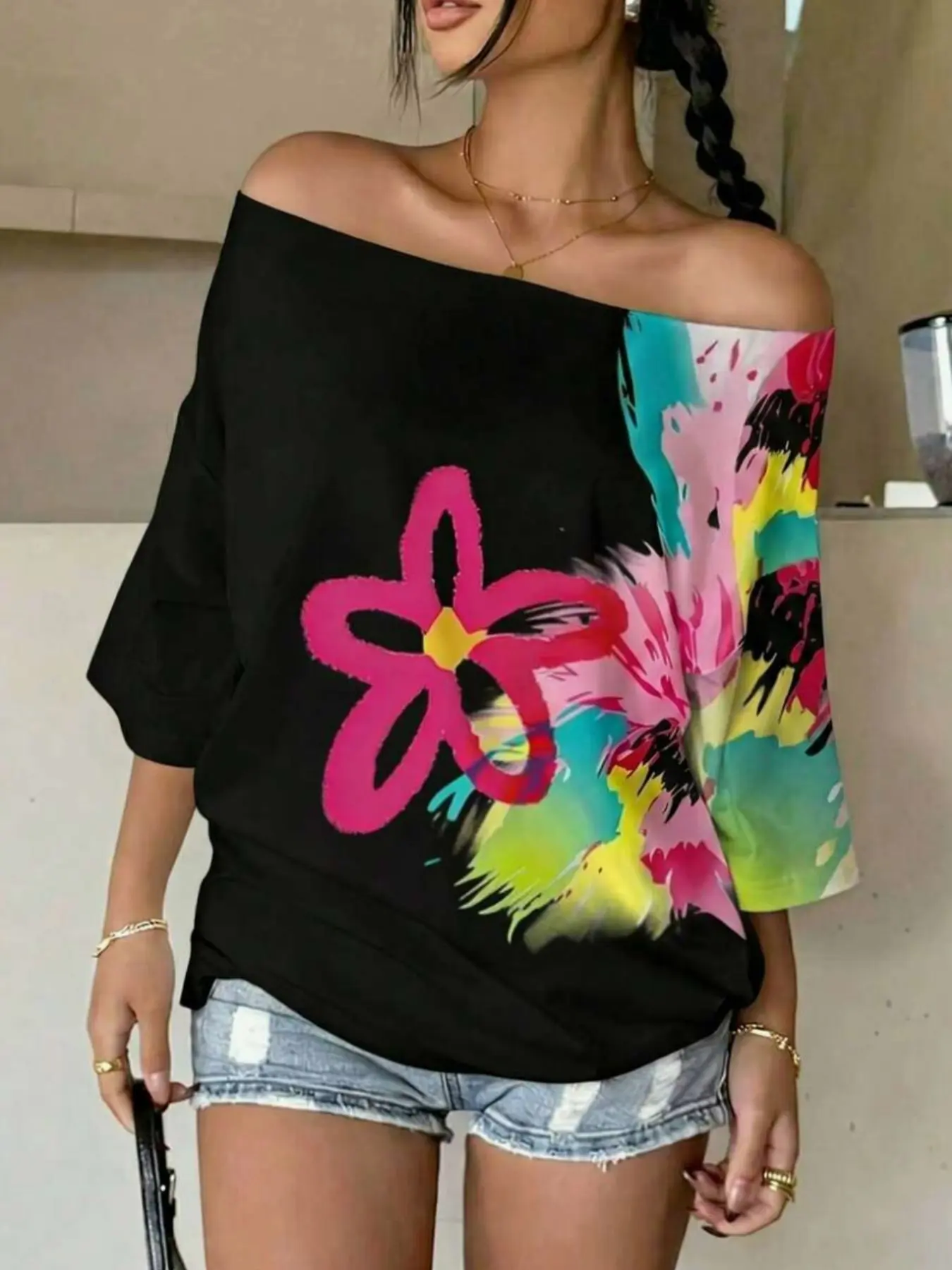 Women's Off-Shoulder Floral Print Summer T-Shirt, Casual Style Loose Fit Oversize Daily Wear Top, Versatile and Comfortable Clothing for Everyday Use