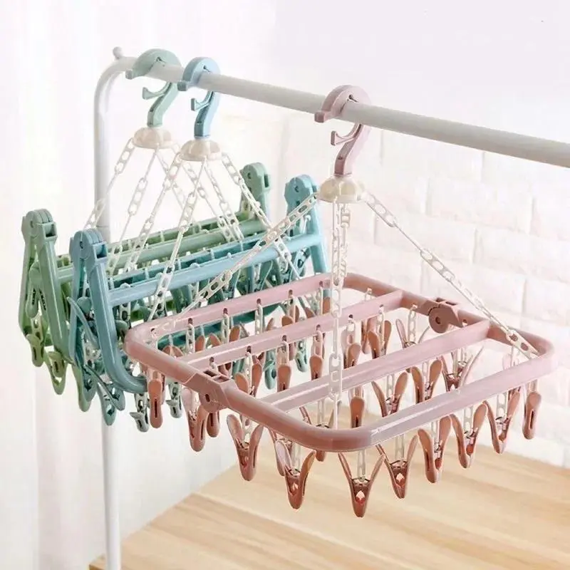 Practical Foldable Plastic Baby Clothing Drying Rack with Windproof Clips - Compact Foldable Hanging Rack, Indoor Laundry Accessory for Small Items, Nursery & Travel Use