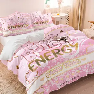 Bad Btch Energy Sweet Cool Pink Attitude Girl Duvet Cover Set, 1 Duvet Cover & 1-2 Pillowcases, Light Peach Pink Gradient White Bubble Polka Dot Design With Golden Outline Details, All Over Printed Soft Comfortable Bedding Set, Stylish Bold Decor
