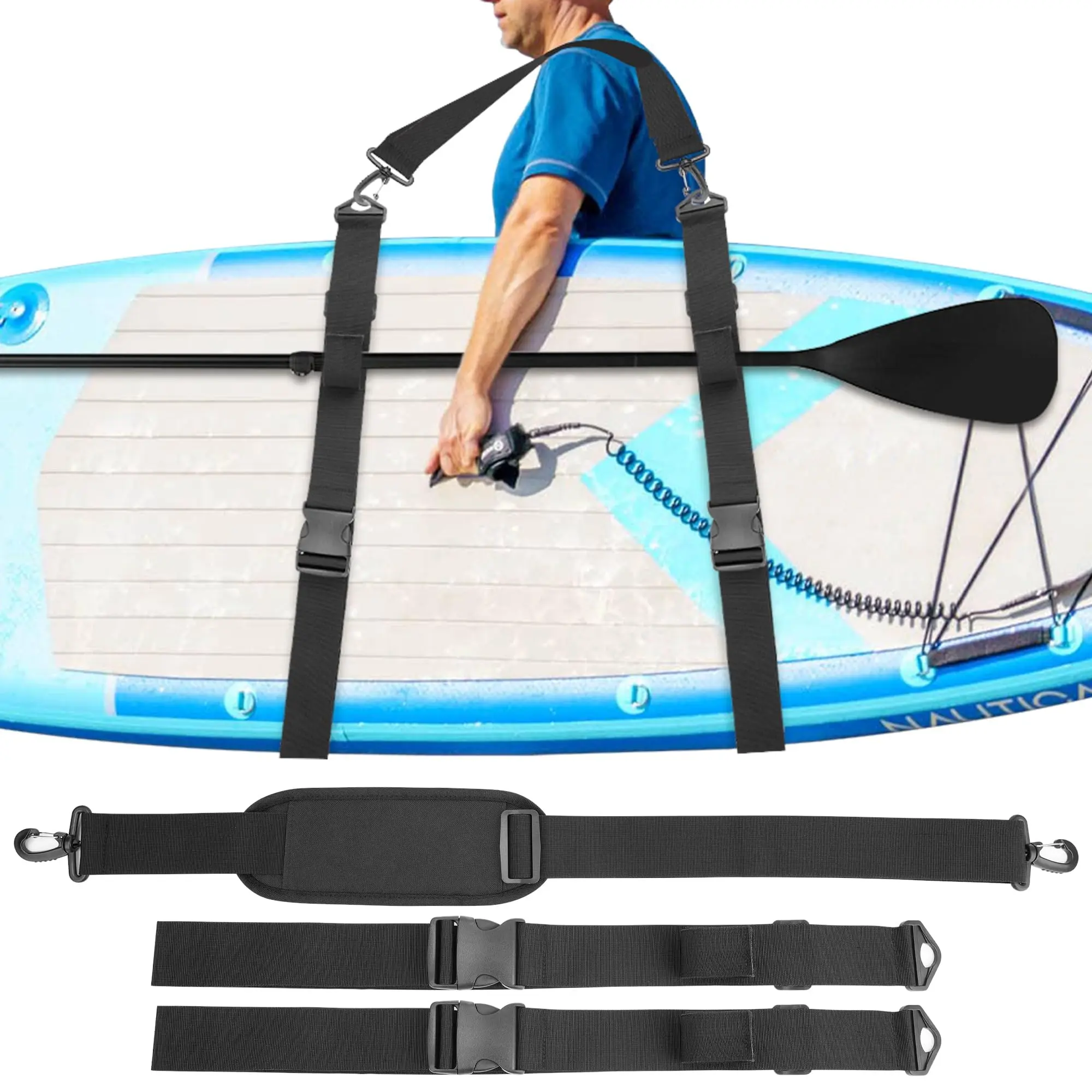 Adjustable surfboard shoulder strap, multifunctional paddleboard tie-down strap, kayak fixing strap, paddleboard harness for men and women, surfboard and paddleboard accessory, hands-free SUP strap, universal paddleboard and canoe accessory.