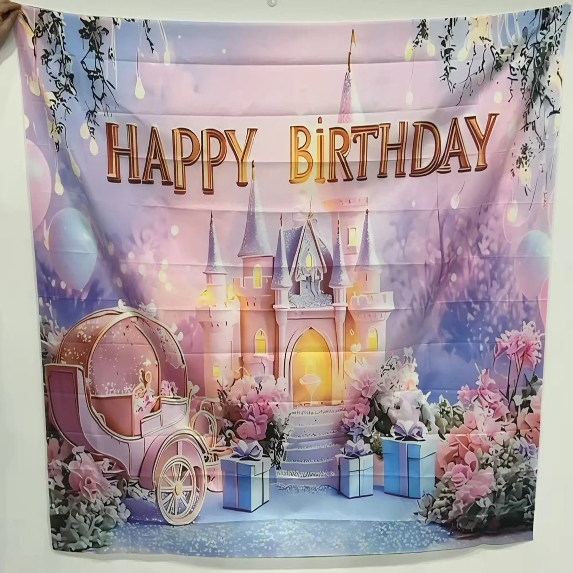 2D Flat Backdrop 1pc Dreamy Fairy Tale Castle Birthday Background, Happy Birthday Backdrop, Birthday Party Backdrop, Gold Car Castle Rose Floral Print, Polyester, Multiple Sizes Available