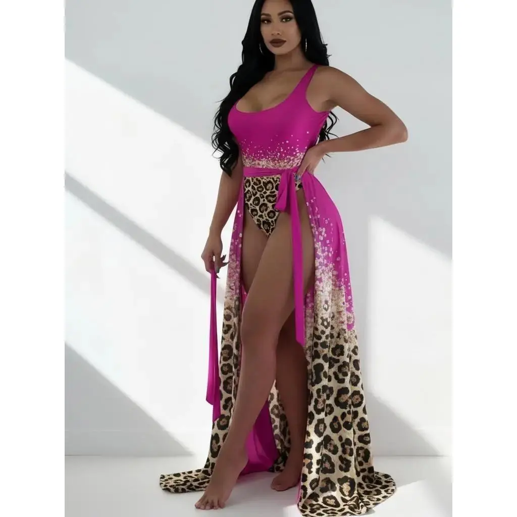 Women's Swimsuit Cover Up, Vibrant Ombre Leopard Print Long Kimono, Sheer Quick-Dry Beach Wear with Front Tie Closure