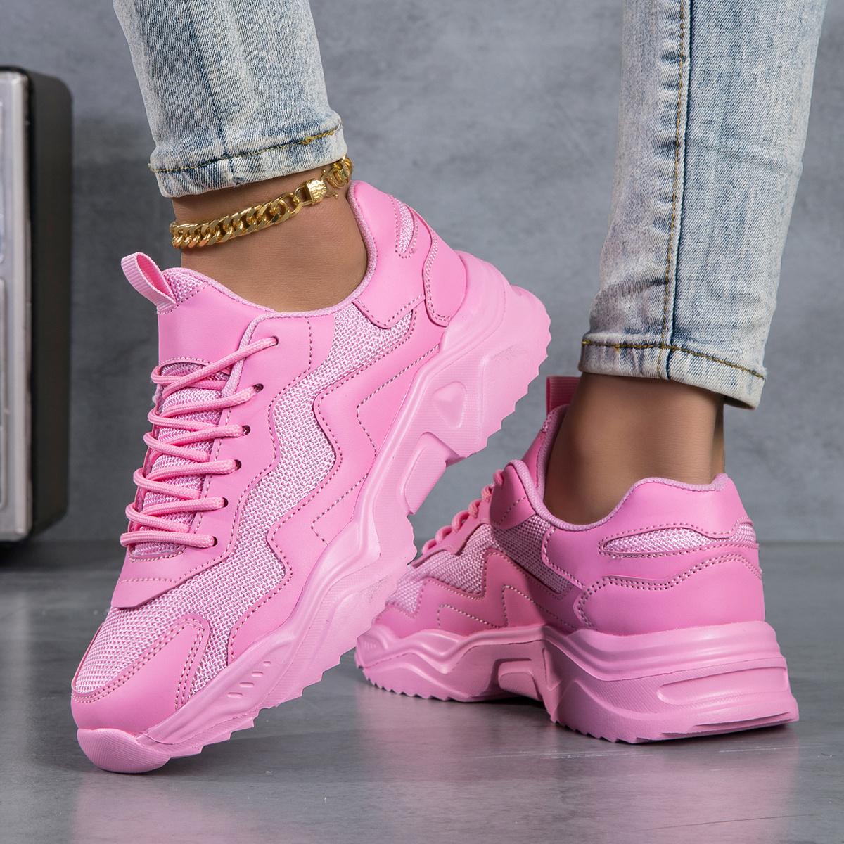 Women's Solid Color Casual Sneakers - Breathable Sneakers with Thick Sole, Low-top Lace-up Walking Shoes, EVA Sole, Fabric Lining - Cortable Ankle Sock Shoes for Fitness and Walking, Fashionable Shoes for All Seasons - For Women .