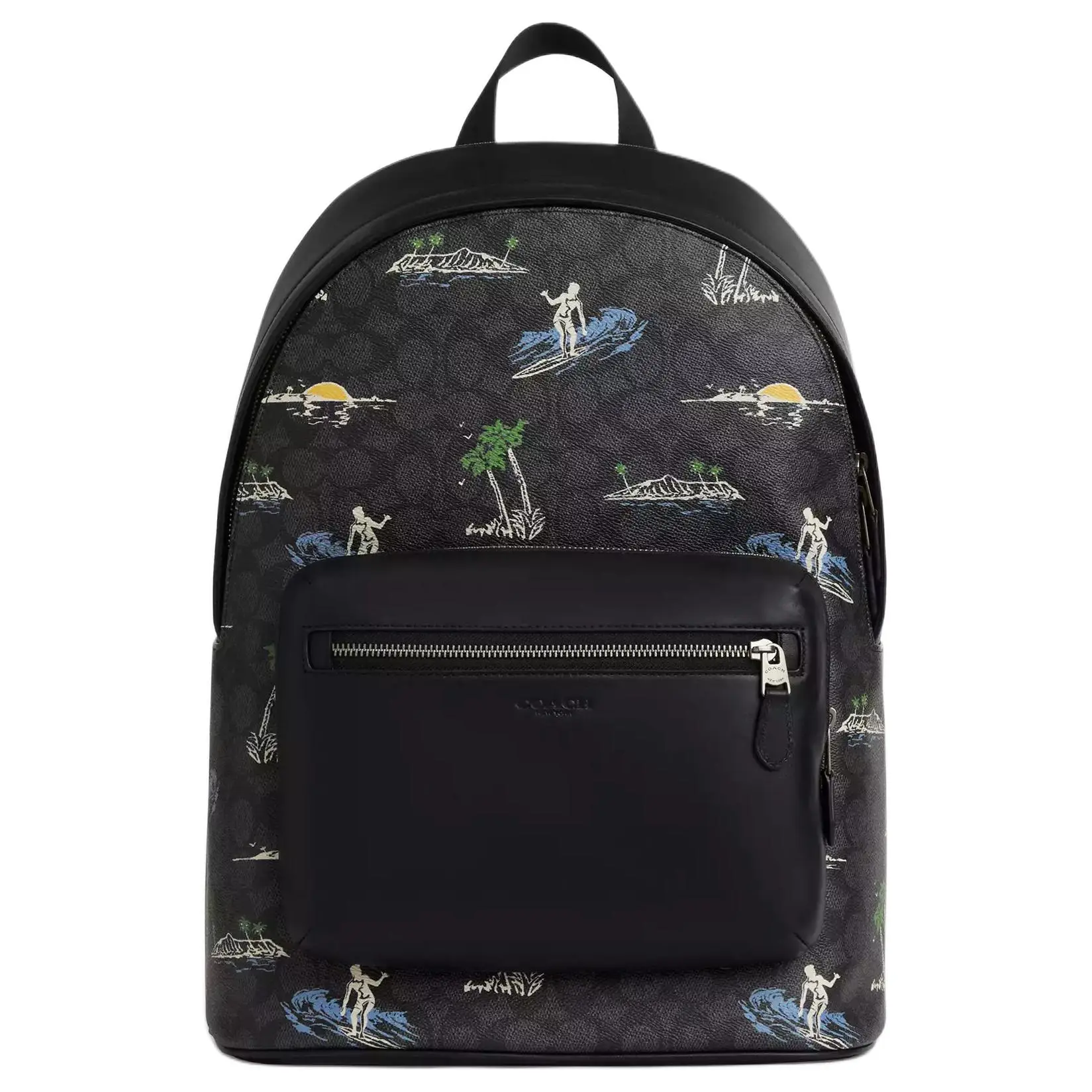 COACH WestSignature 32 Surf Print Coated Canvas Backpack, Unisex Large Size, Black