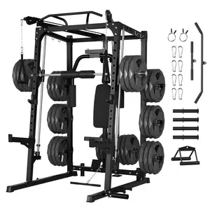 Heavy Duty 2000LBS Smith Machine Home Gym Power Cage – Multi-Function Squat Rack with Lat Pulldown, Chest Fly, Cable Crossover, Full Body Strength Training Equipment, 8 Weight Storage, Attachments – Black