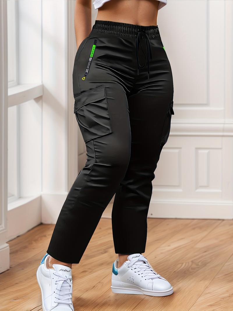 Women's Heavy-Duty Cargo Pants with Multi-Zipper Pockets & Neon Green Accents – Full-Length Trousers for Outdoor, Travel & Casual Wear in Spring/Fall Seasons – Belt-Style Waist Drawstring and Non-Slip Leg Construction Women's Heavy-Duty Cargo Pants with Multi-Zipper Pockets & Neon Green Accents – Full-Length Trousers for Outdoor, Travel & Casual Wear in Spring/Fall Seasons – Belt-Style Waist Drawstring and Non-Slip Leg Construction