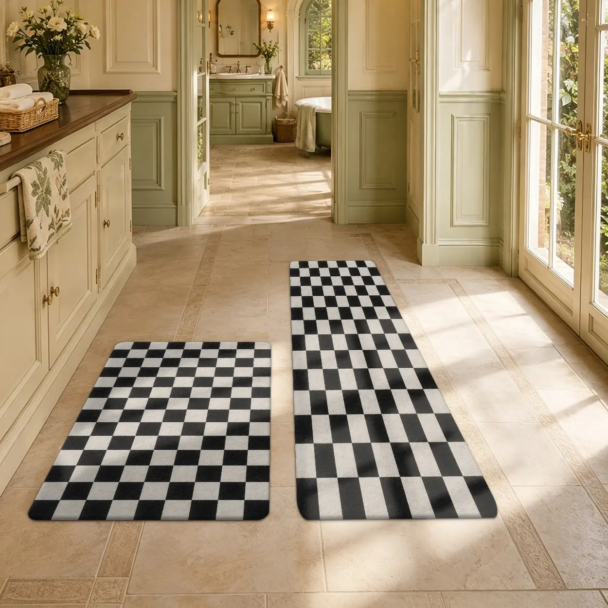 3'x2' Soft Velvet Knitted Checkered Print Rug - Farmhouse Look, Washable, Non-Slip, for Entryways, Indoor Home Use, Local Delivery Eligible