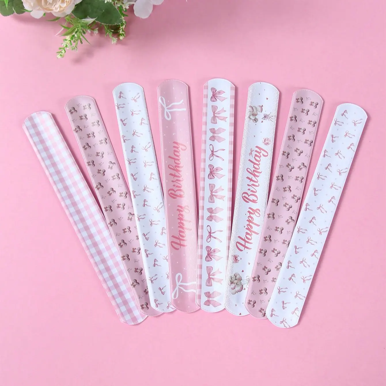12Pcs Pink Bow Slap Bracelets Set – PVC Snap Wristbands with 6 Cute Patterns for Birthday Party Favors, Baby Shower, Gender Reveal & 1st Birthday, Goodie Bag Fillers & Photo Booth Accessories, Party Favors Supplies