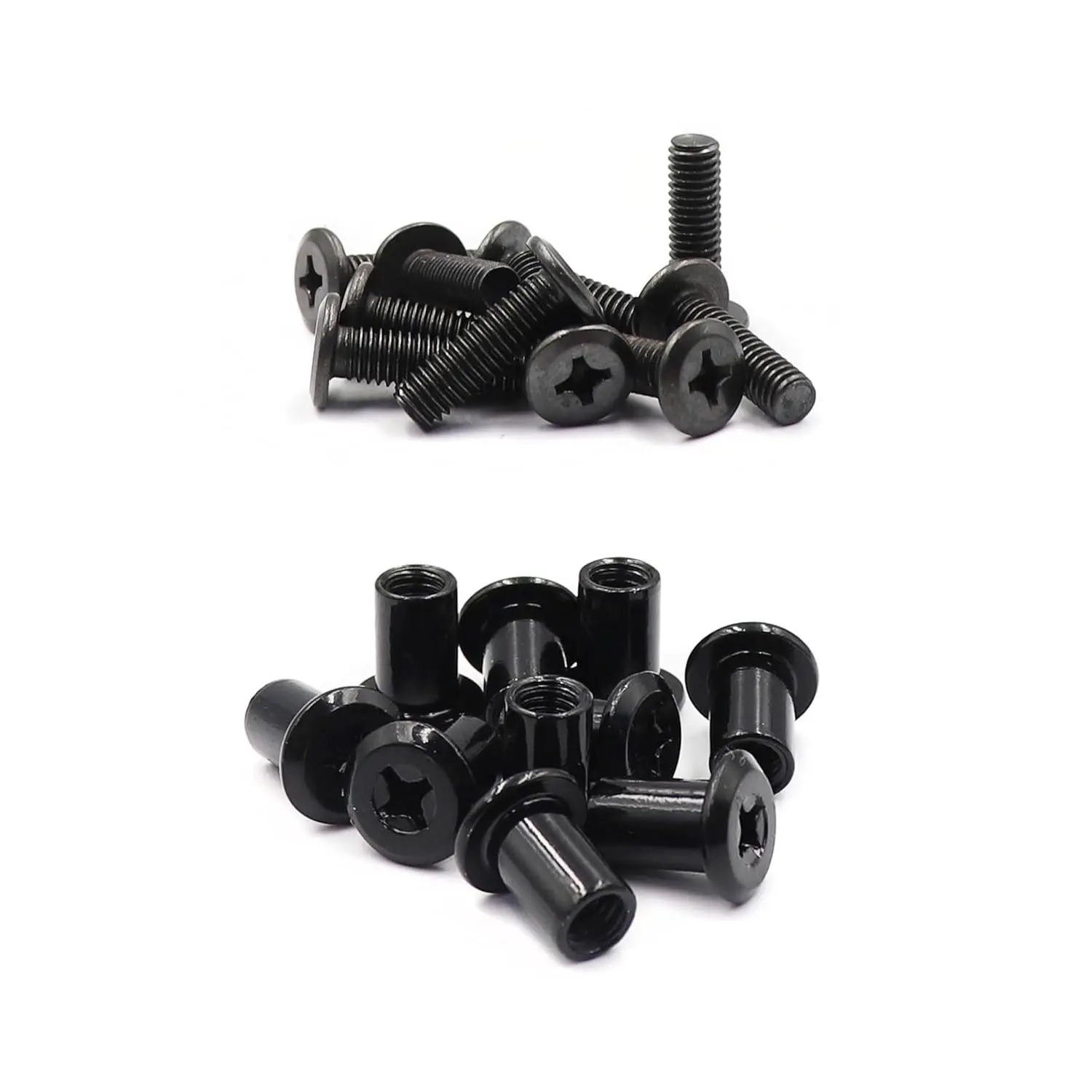 10-Pack Carbon Steel M6 x 16mm Black Phillips Nut & Bolt Sets, 12mm Full Thread Screw-In Fasteners for Furniture, Beds, 10 Set