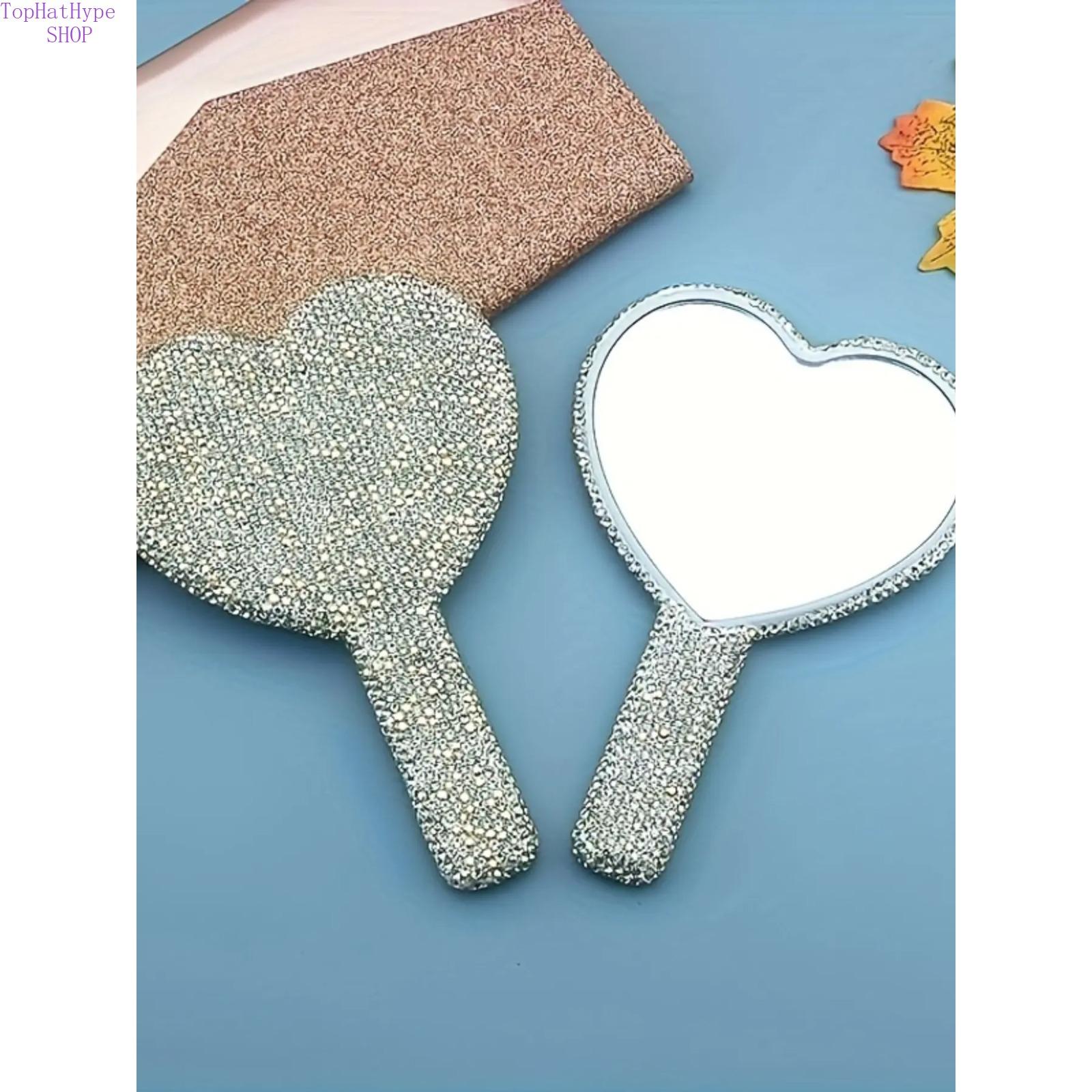 Bling Heart Shape Handheld Makeup Mirror with Rhinestone Decor, Luxury Portable Handle Mirror, HD Clear Reflection for On-the-Go Touch-Ups, Cute Stylish Design Ideal for Daily Makeup Travel and Gifting