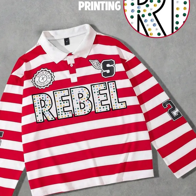 Men's long-sleeve polo-collar T-shirt featuring "23" and "32" prints and stripes; unisex style with a shirt-style collar and geometric aesthetic—a trendy, casual, Euro-American streetwear piece suitable for spring and autumn; Striped Knit Polo