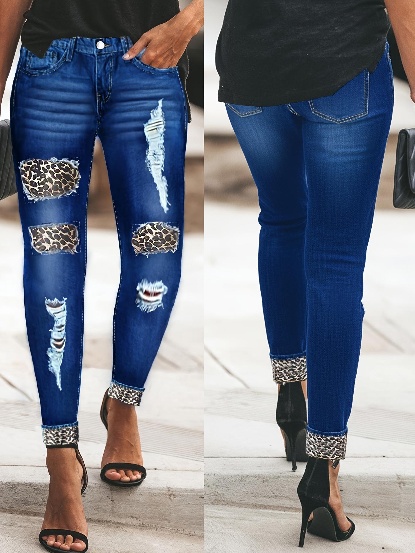 MHZ washed blue leopard print patchwork skinny jeans with multiple holes, buttons, built-in zipper closure, high waist, slim fit, casual and durable, street style, suitable for all seasons, women's plus size jeans