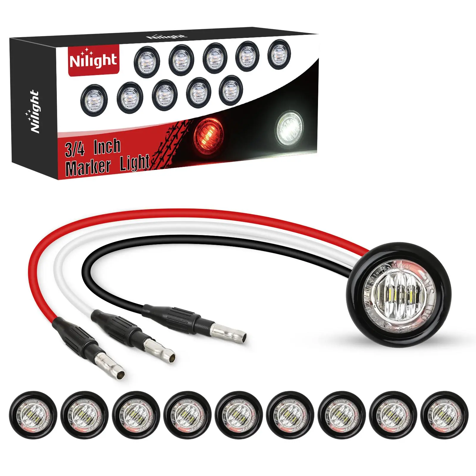 Nilight 3/4Inch Dual Color Marker Light 10PCS Red to White Brake Auxiliary Side Marker Clearance Indicator Bullet Lights 3 Plug IP68 Waterproof for Trailer Truck Pickup Camper RV ATV UTV Van Bus