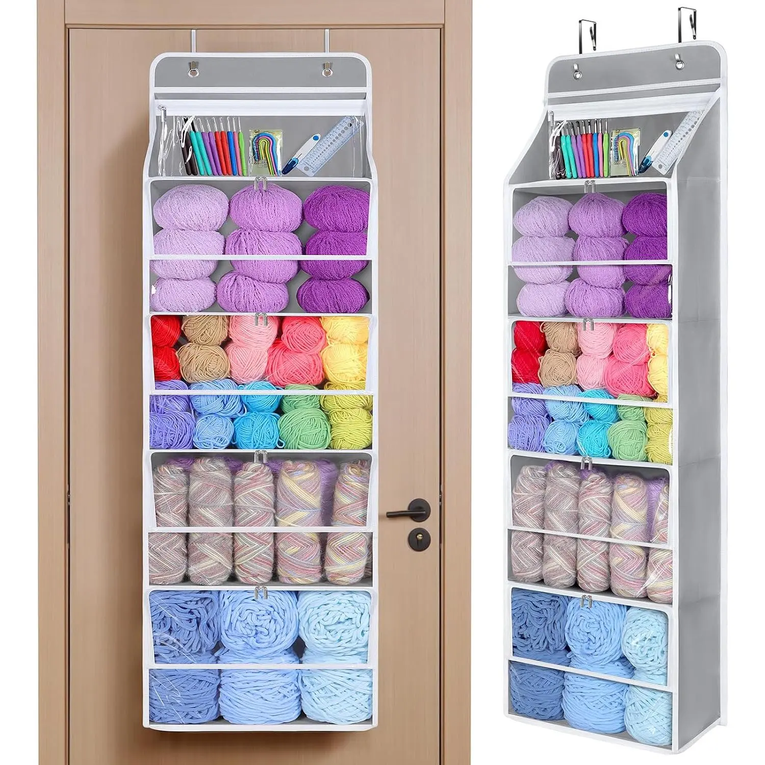 Yarn Storage Organizer with 5 Zipper Closure Compartments, Large Capacity Knitting Organizer Storage, Over the Door  Yarn Holder for Knitting , Crochet Hooks (Light Grey)
