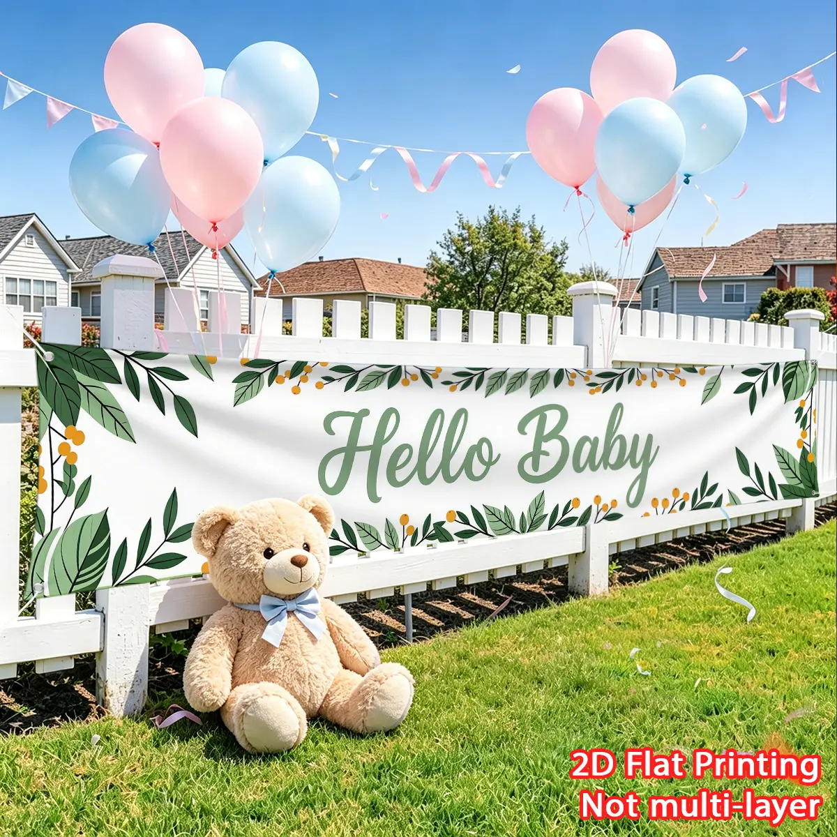 1pc Baby Party Banner Green Leaf Simplicity Hello Baby Banner Fence Decoration Banner, Party Banner HD Printing Suitable for Fence Decoration, Baby Party Decoration