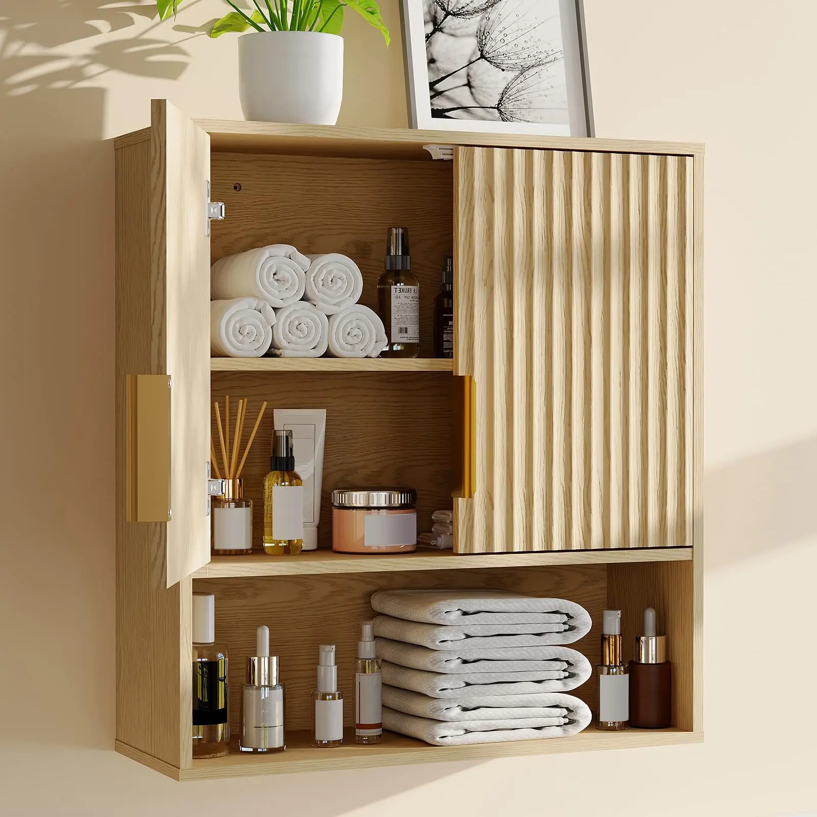 Wood Bathroom Cabinet - Wall-Mounted Classic Simple Rustic Furniture with Double Doors, Adjustable Shelf, Open Rack, Waterproof Oak Veneer, Built-In Storage, Assembly Required for Bathroom, Laundry Room, Wall Cabinet