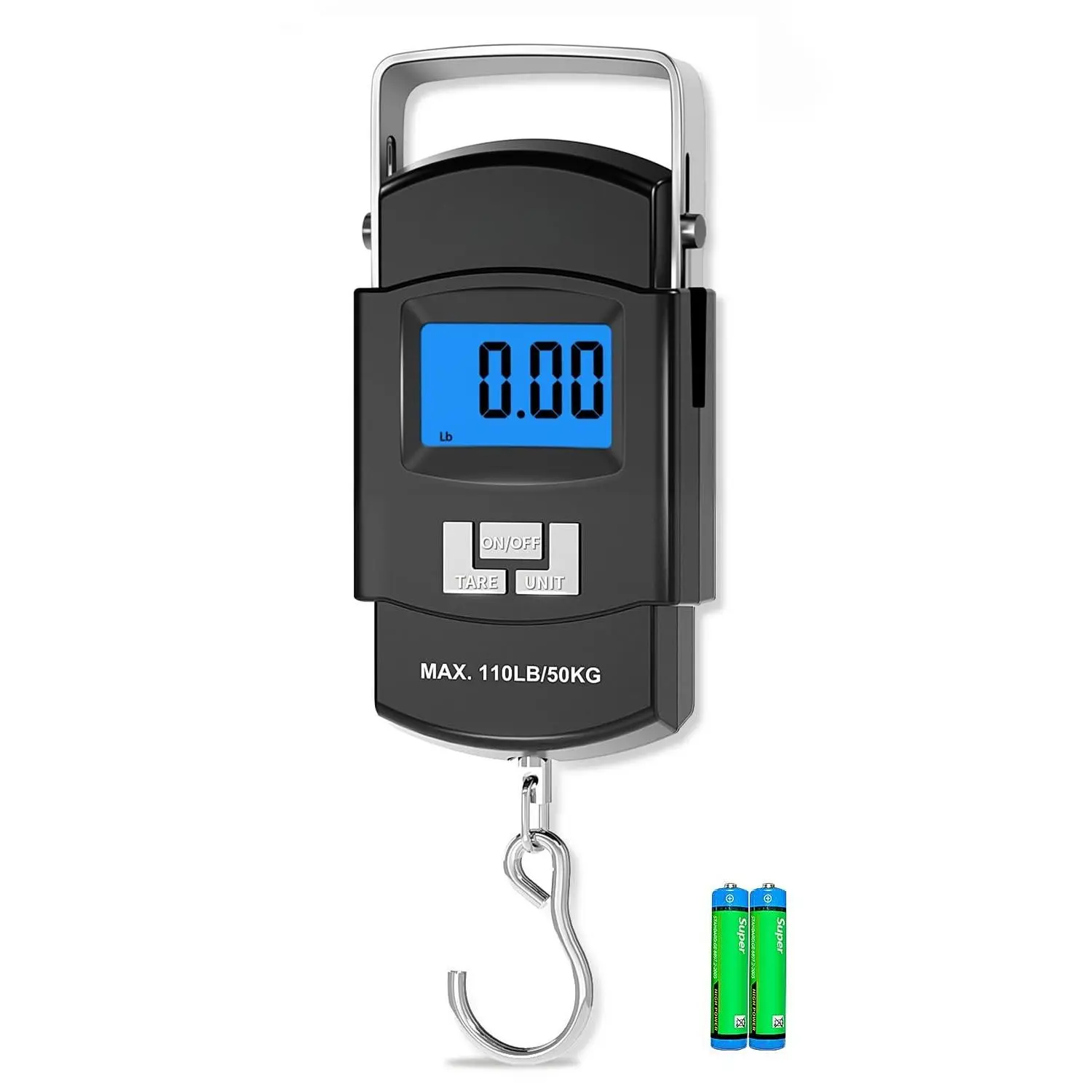 Fish Scale 110lb/50kg Digital Fishing Scale with Backlit LCD, Portable Handle, Stainless Steel Hook & 2 AAA  – Reliable Fishing Gear &  Fishing Gifts for Men