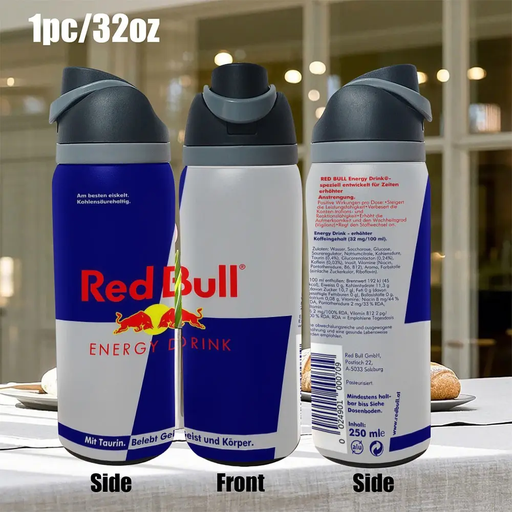 1pc 32oz 960ml 304 Stainless Steel Sports Water Bottle Red Bull Energy Drink Can Style Print Portable Water Bottle