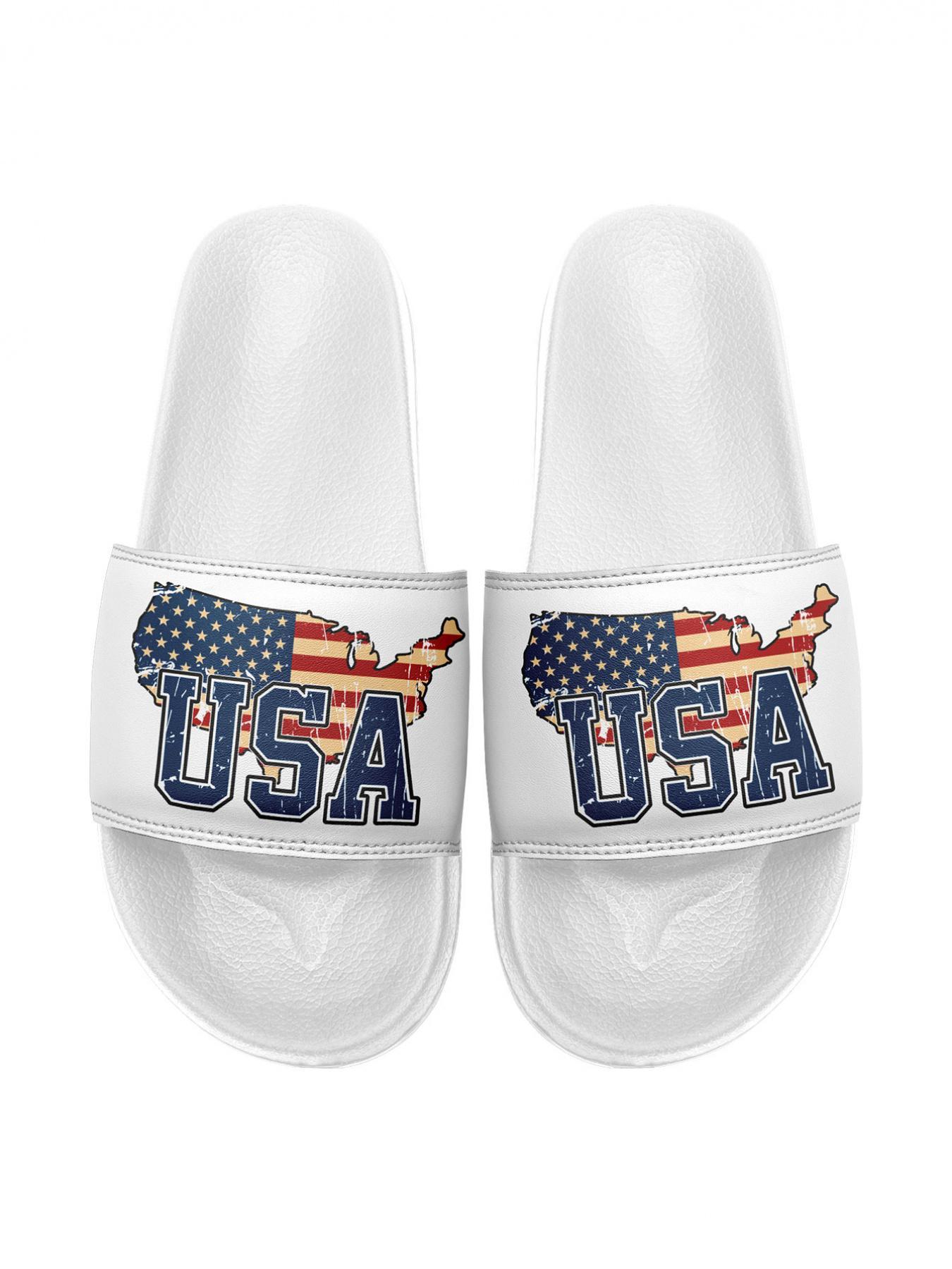 Men's Fashionable Random American Flag Print Slides, Casual Comfortable Durable Slides for Summer, Lightweight Breathable Slides for Beach & Streetwear, Footwear, Lightweight Slipper