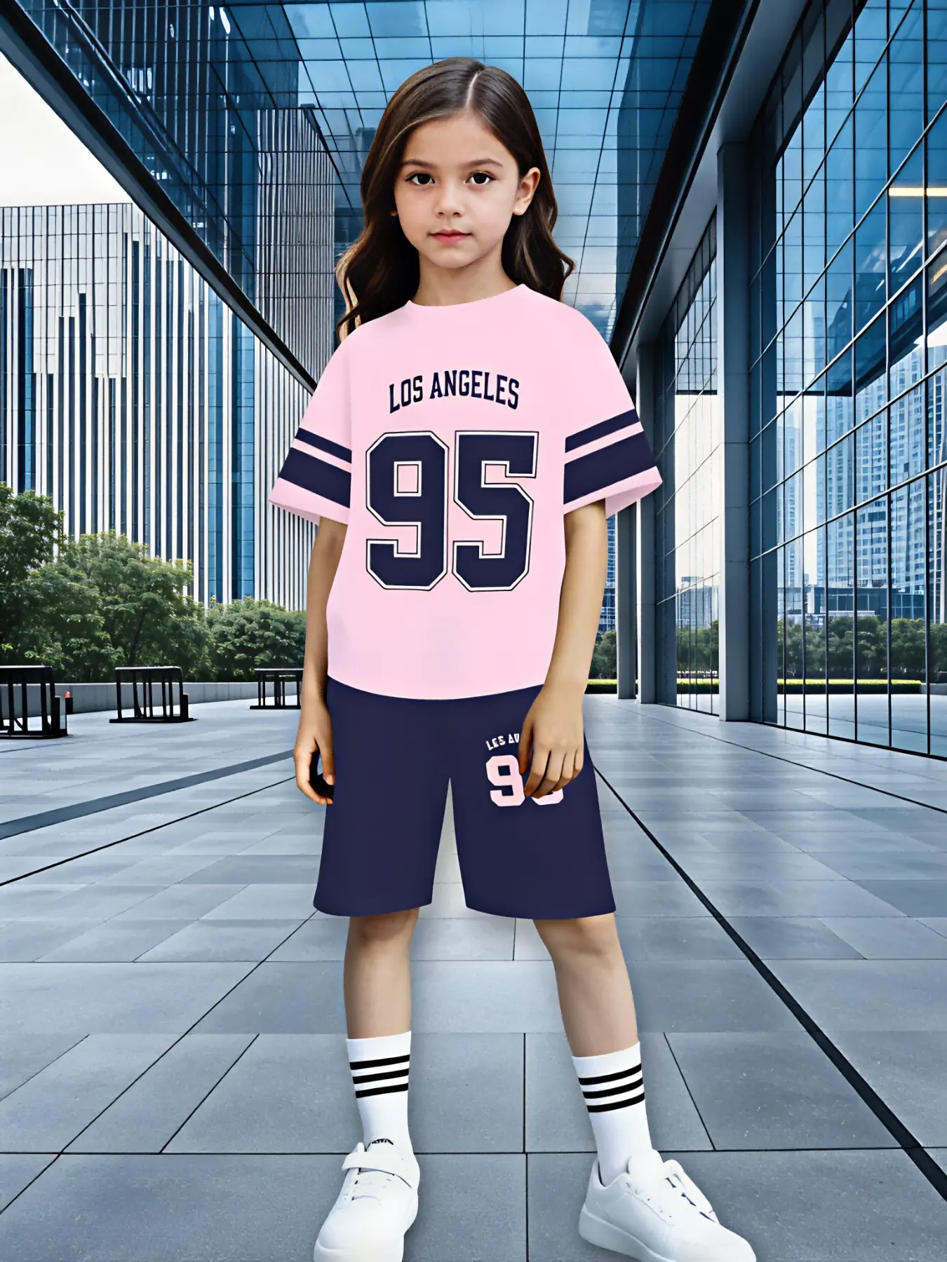 Girls' Los Angeles No. 95 Sports Two-Piece Set, made of slightly stretchy, breathable fabric, featuring a pink-and-navy color-blocked baseball-themed number print. American school-style design—a must-have for gym class and casual outings. Girls' short-sle