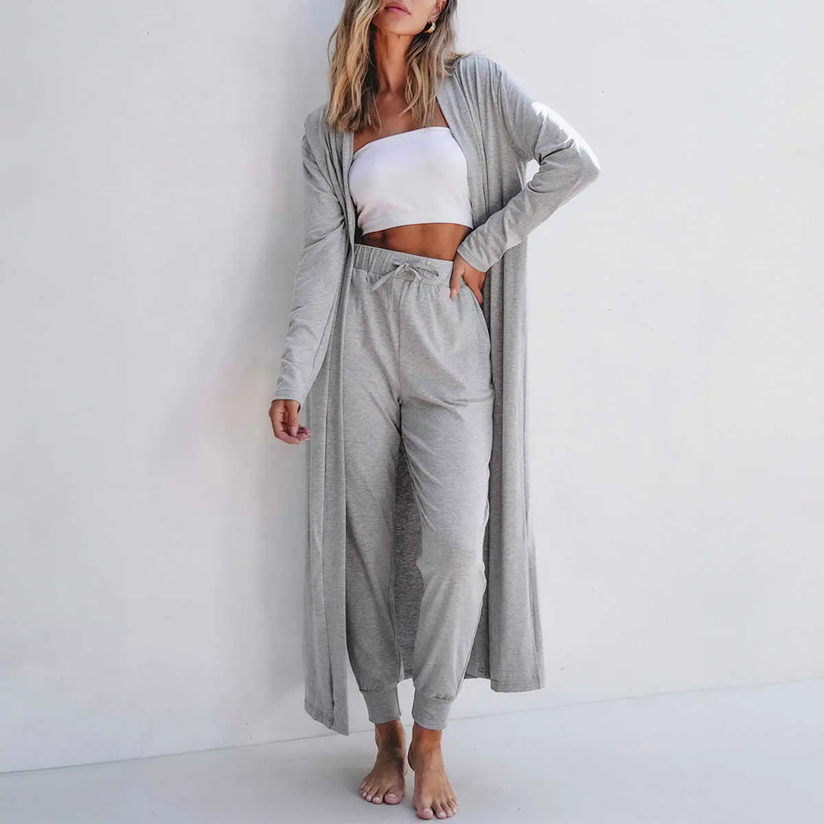 Light Grey Split Long Cardigan and Skinny Pants Lounge Set