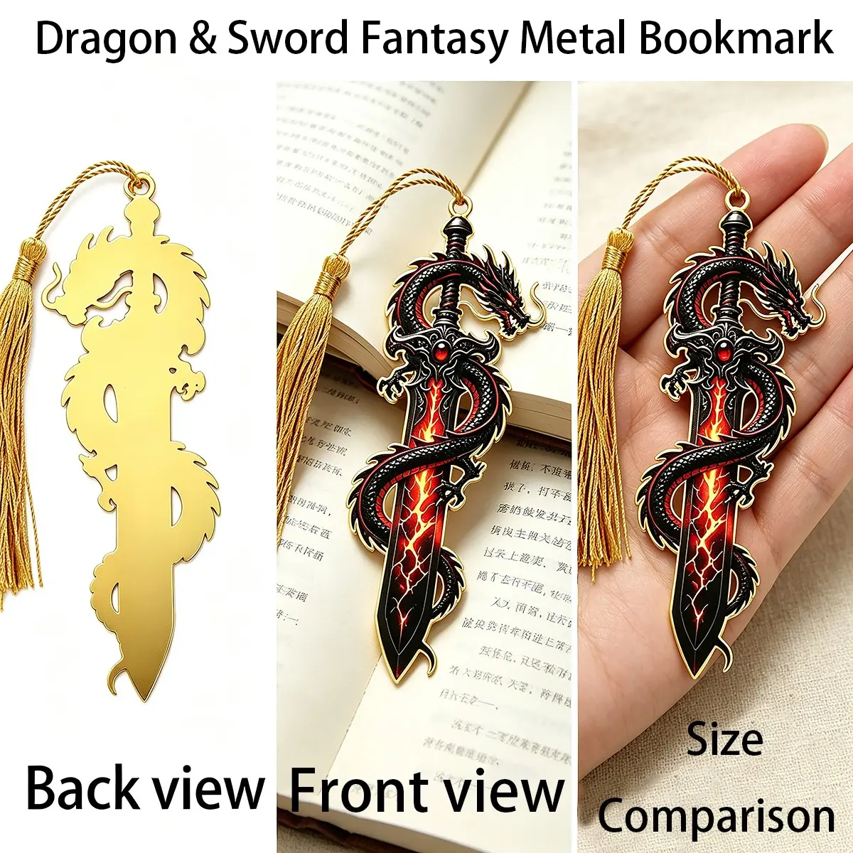 Fantasy Dragon Sword Metal Bookmark, Stainless Steel with Tassels, Ideal Gift for Book Lovers, Students, Graduation, Back-To-School Season