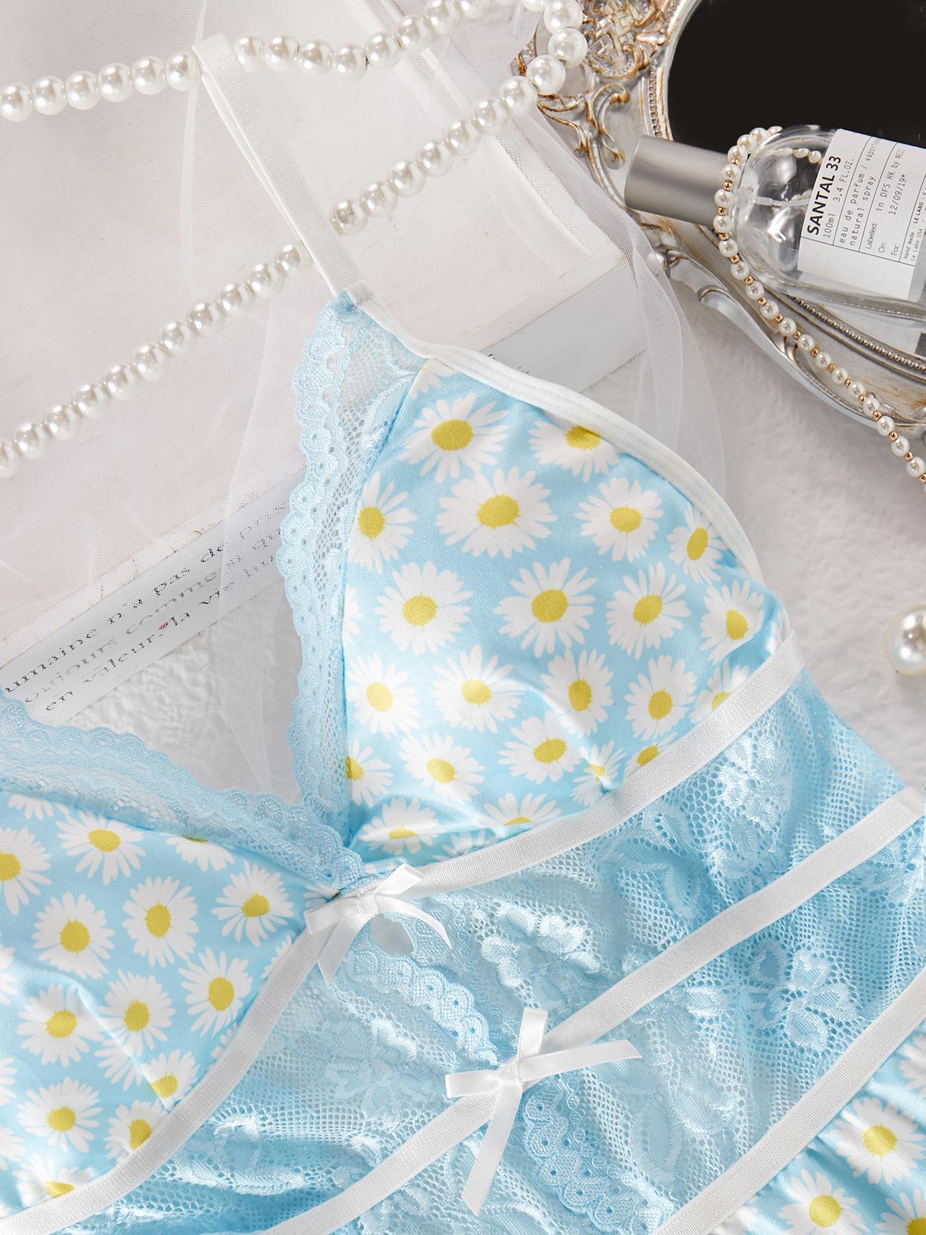 Women's Daisy Print Contrast Lace Sexy Cami Romper, Sexy Cut Out Sheer Lingerie Romper for Indoor, Ladies Summer Clothes, Rompers for Women