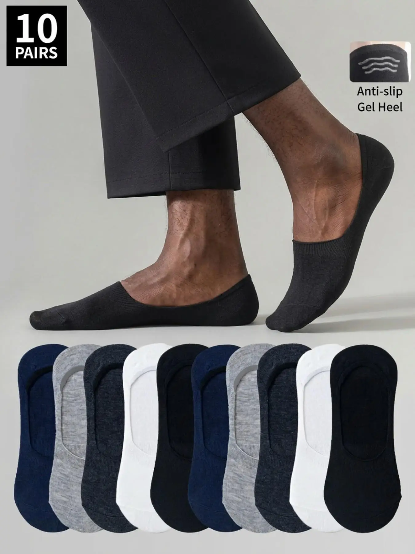 10-Pair Assorted Colors Men's Extra Large Size Heel-Glued Anti-Slip Ultra-Low Cut Thin Invisible Boat Socks for Daily, Casual Wear or Sports, No Show Socks
