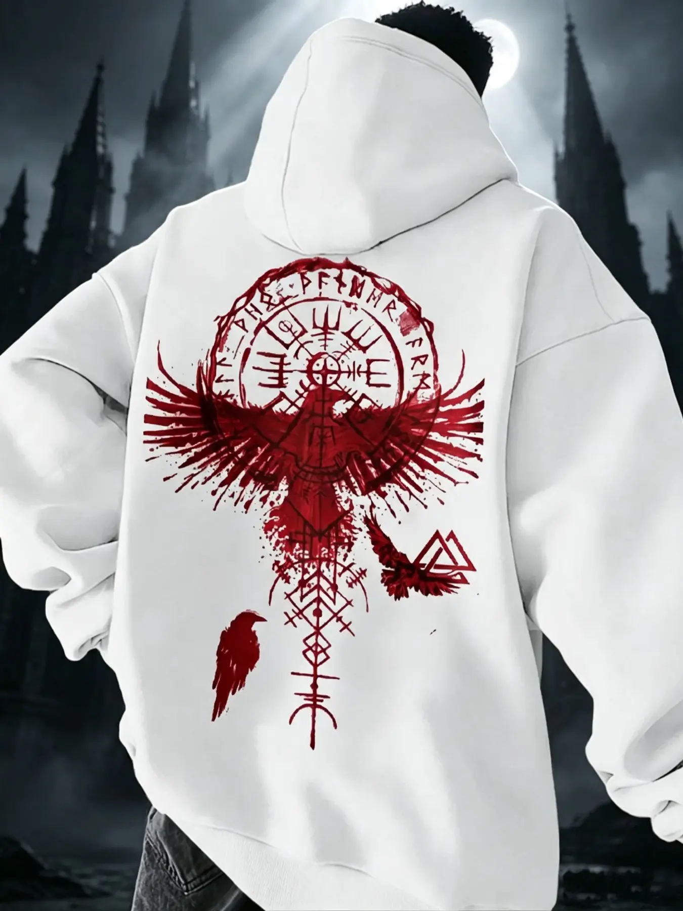 Men's Casual Loose Fit Hooded Sweatshirt, Norse Raven Viking Rune Print, Fleece Lined, Fall & Winter, Graphic Pattern, Unisex Top, Menswear