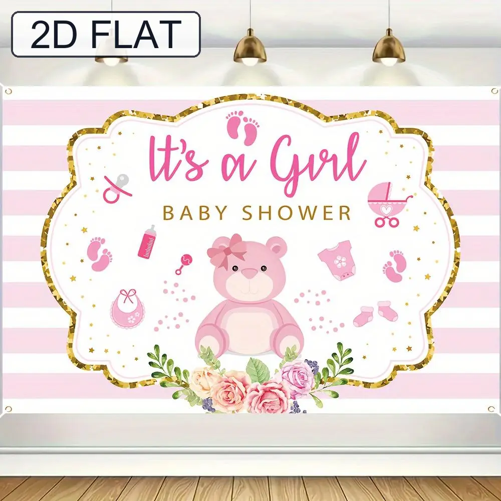 Glam, Soft, Durable Pink 'It's a Girl' 1-Piece Polyester Backdrop Banner - 150cm x 100cm/59.0in x 39.4in Cloth Banner, Indoor Use Baby Shower Party Background Decoration, One-Piece