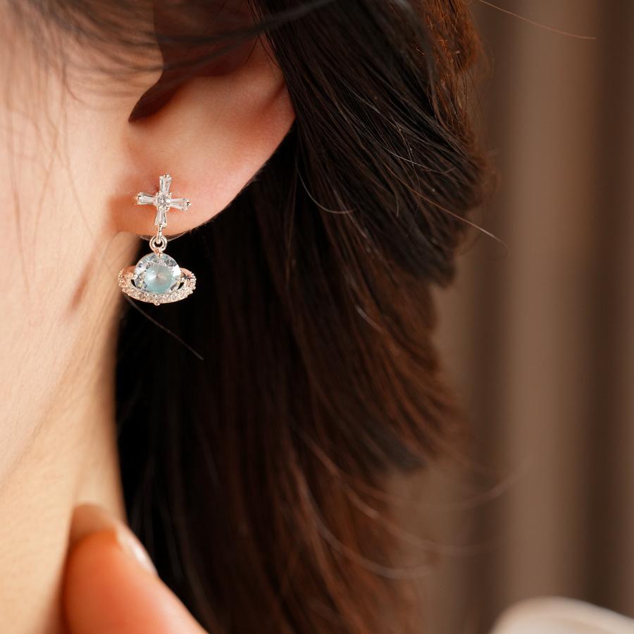 925 Silver Needle Cross Saturn Earrings | Minimalist Cool Style Zircon Planet Earrings Luxury Jewelry