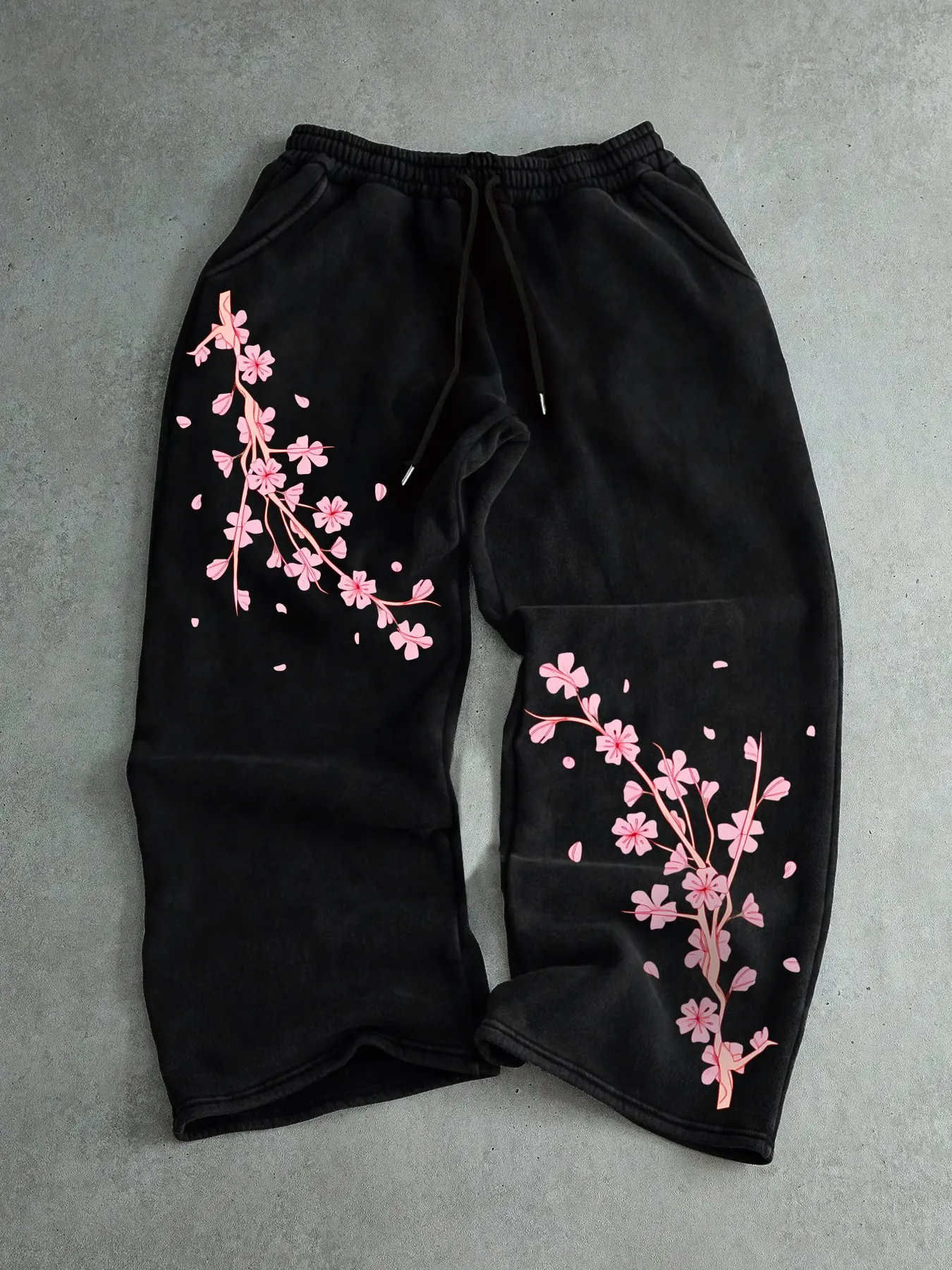 Men's Loose Fit Casual Lounge Sweatpants, Cherry Blossom Graphic Print, Straight Leg Design, Ideal for Daily Commute, Sports, Running, Outdoor Hiking
