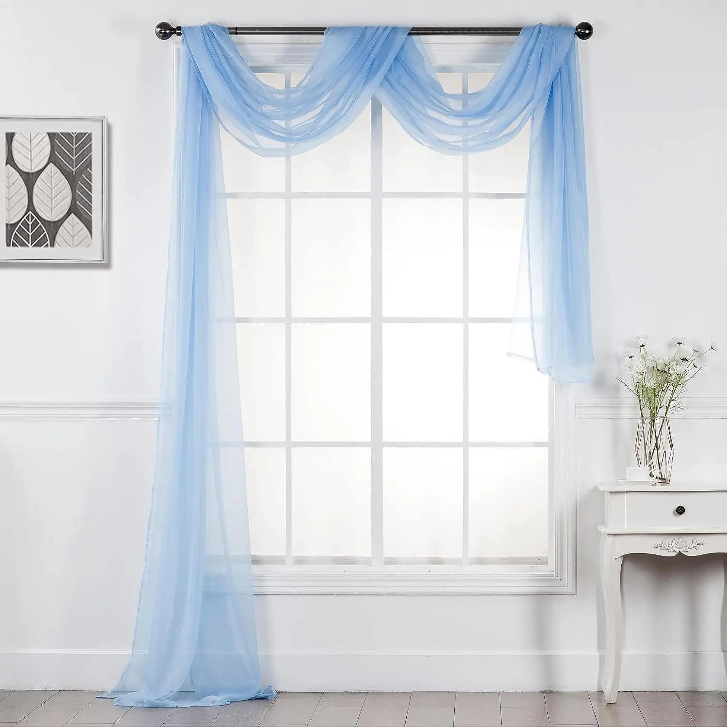Multipurpose Fully Hemmed Sheer Voile Window or Event Draping Fabric Scarf Valance (Light Blue, 1 count: 37" W x 216" L)