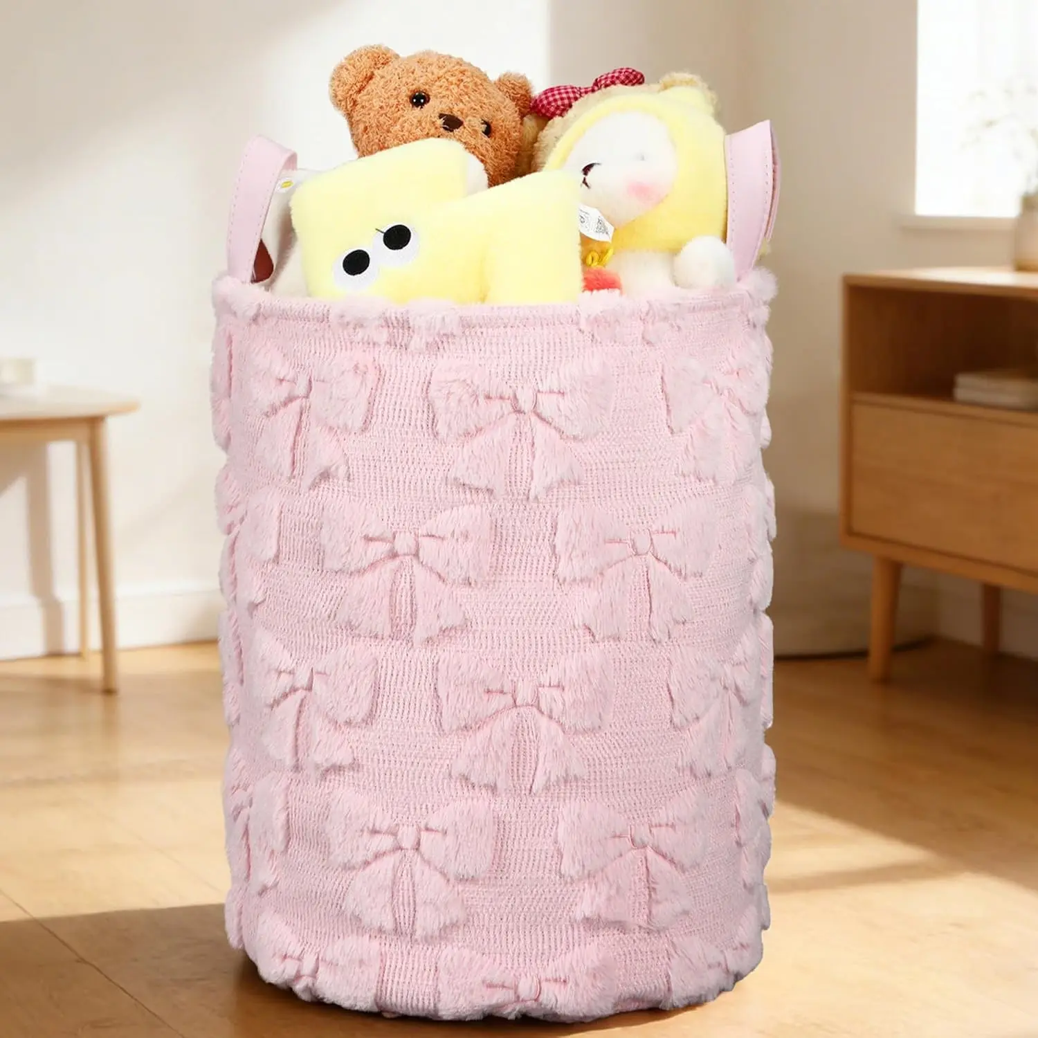 Coquette Pink Bow Laundry Basket 18 x 14 Inch Coquette Storage Basket for Girls Nursery Hamper Foldable Fluffy Plush Storage Bin with Handle for Home Nursery Laundry