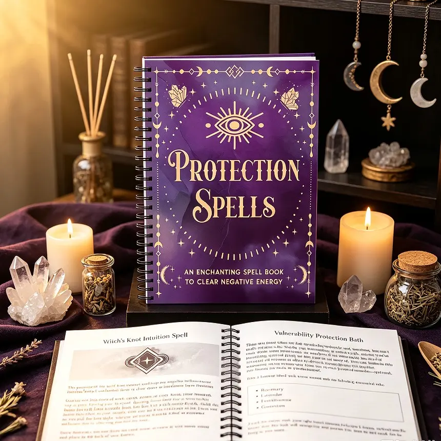 Magic Coil Notebook, Witch Protection Spell Journal, Clear Negative Energy Spiritual Ritual Book, Star Moon Crystal All-Seeing Eye Vintage Cover Memo Pad, Aesthetic Notebook