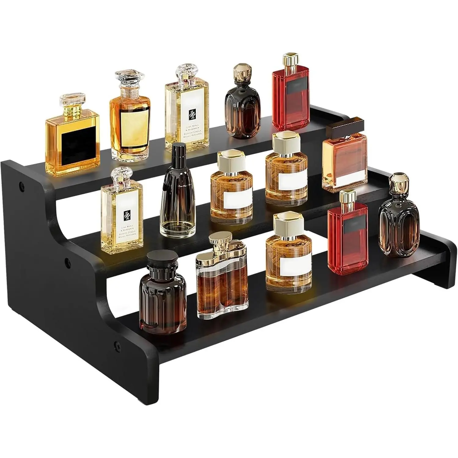 Wooden Cologne Organizer for Men, Perfume Organizer Stand, Cologne Stand with Anti-Slip Washers, Wooden Display Risers Stand for Dessert, Cupcake, Display Shelf Riser Stand for Decoration Makeup Black, 3-tier-13.8in