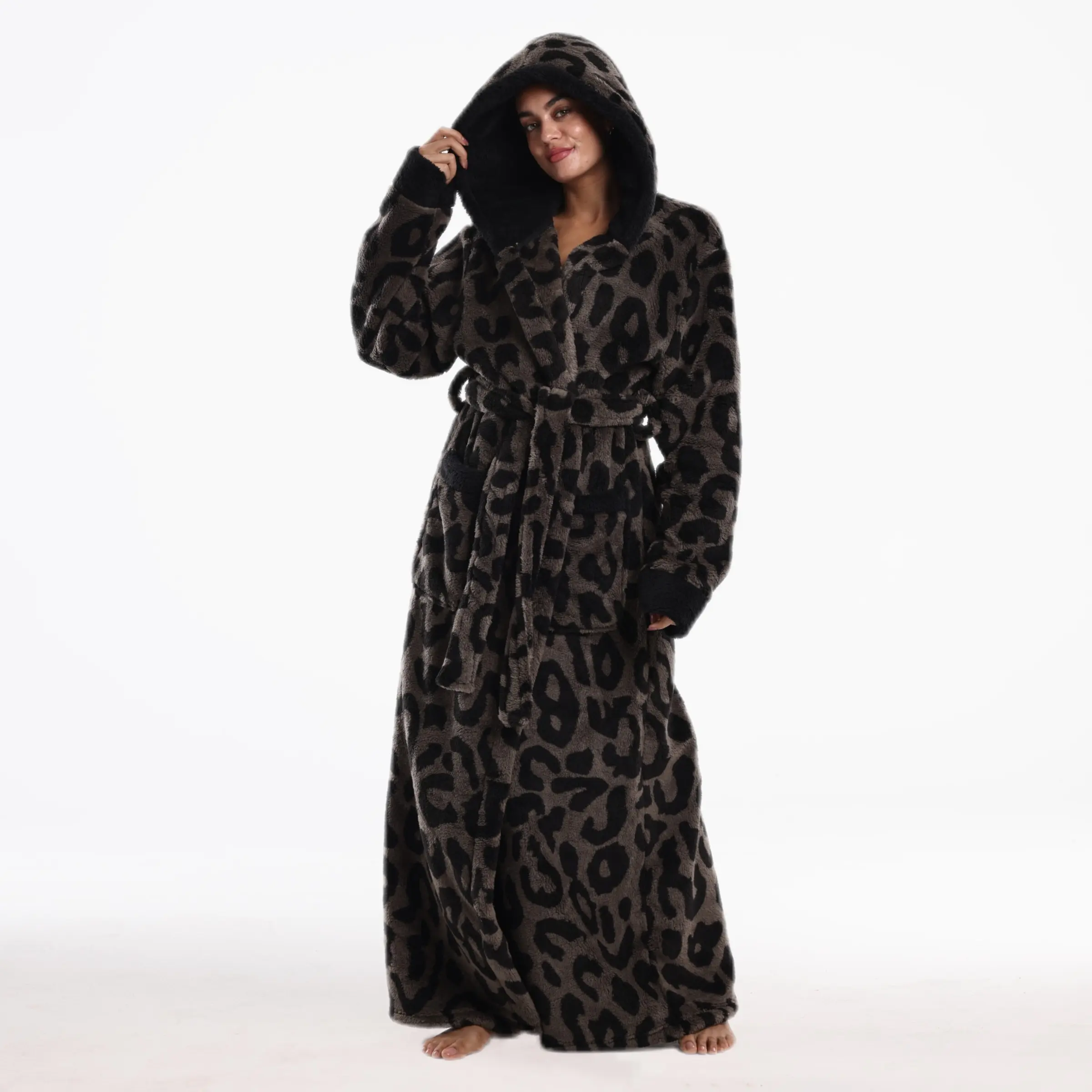 Flannel Bathrobe with Belt and Pockets, Hooded Home Essential, Full Body Warm Pullover, Perfect for Relaxing at Home