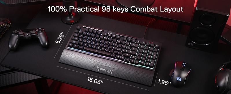 Redragon K515 Shiva RGB Membrane Gaming Keyboard, 98 Keys Mechanical-Feel Keyboard w/Smooth Linear Switch, On-Board Macro & Dedicated Multimedia Keys, Detachable Wrist Rest, Software Supported